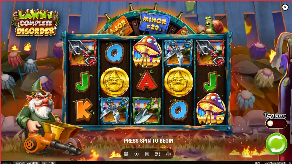 Tampilan visual slot Lawn N’ Complete Disorder dengan tema gnome dan api